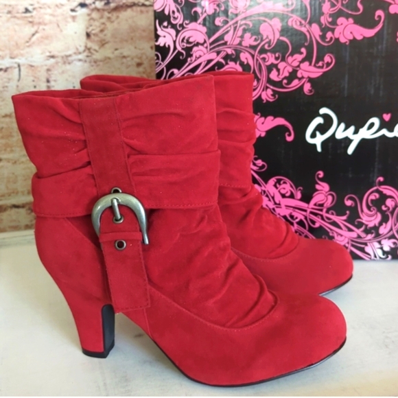 Qupid Shoes - QUPID RED SUEDE PU WOMEN'S BOOTIES